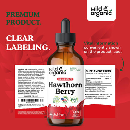 Wild & Organic Hawthorn Berry Tincture 600 mg – Vegan, Alcohol-Free Liquid Drops, 4 fl oz