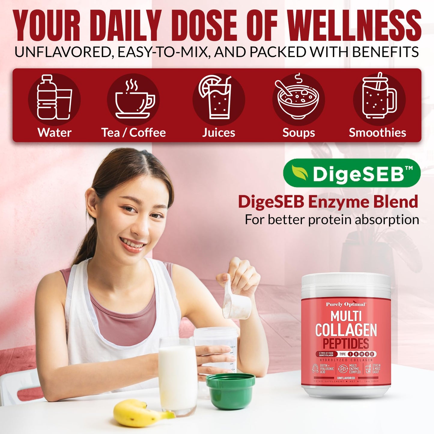 Purely Optimal Multi Collagen Powder for Women – 5 Types, Biotin & Hyaluronic Acid (Unflavored, 42 Servings)