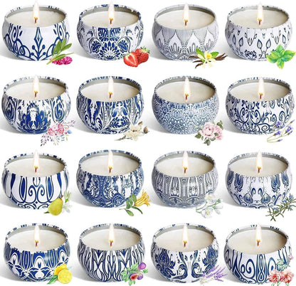 Set of 16 Scented Candles Gifts – Travel Tin Jars, 2.5 oz