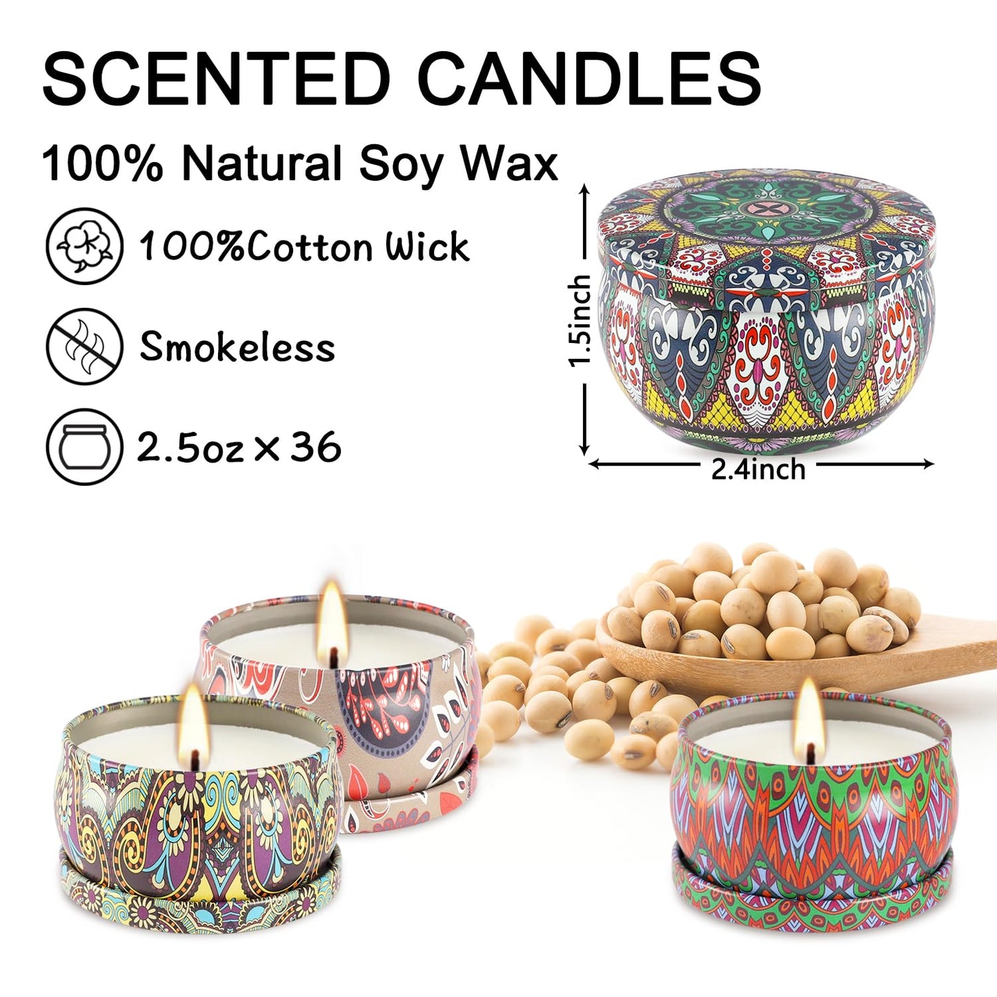 Set of 36 Scented Candle Gift Set | Natural Pure Soy Wax Aromatherapy Candles for Home and Women
