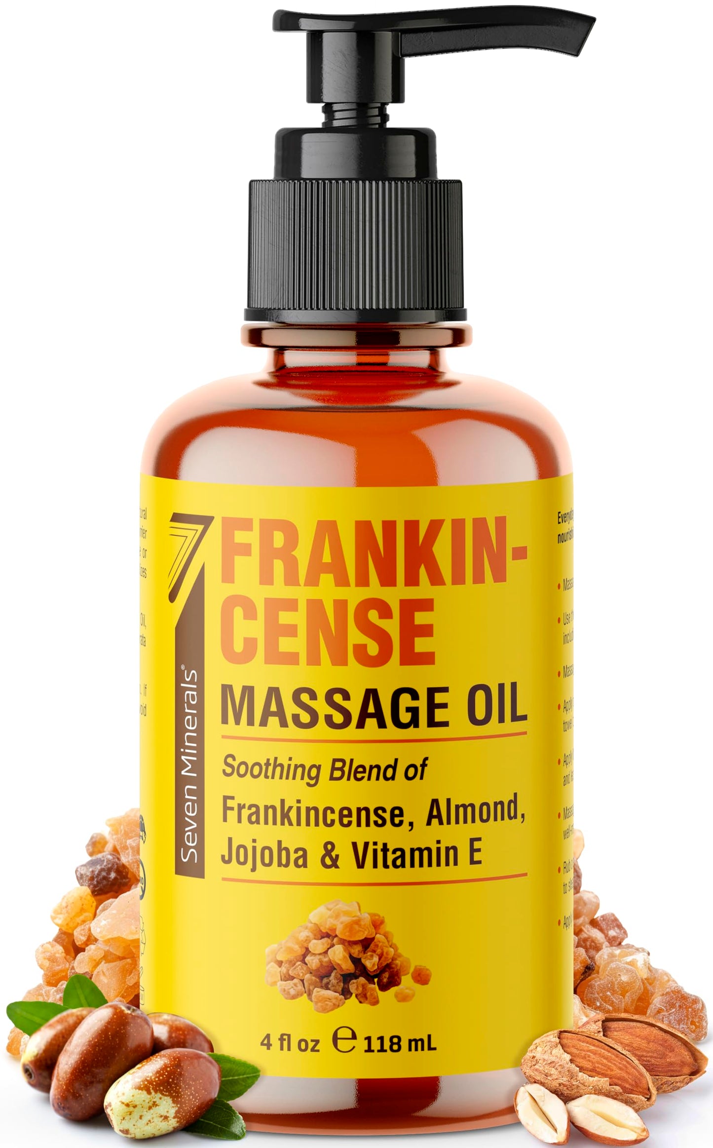 Seven Minerals Frankincense Massage Oil 4oz – For Professional or Home Massage (Almond, Jojoba & Vitamin E)