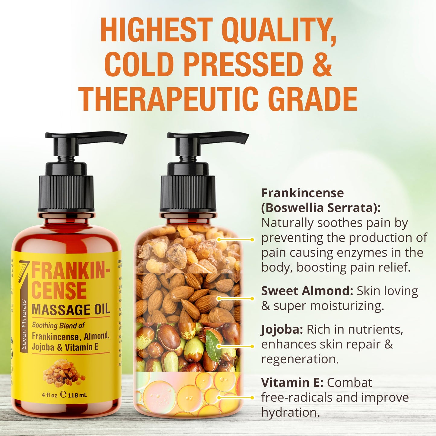 Seven Minerals Frankincense Massage Oil 4oz – For Professional or Home Massage (Almond, Jojoba & Vitamin E)