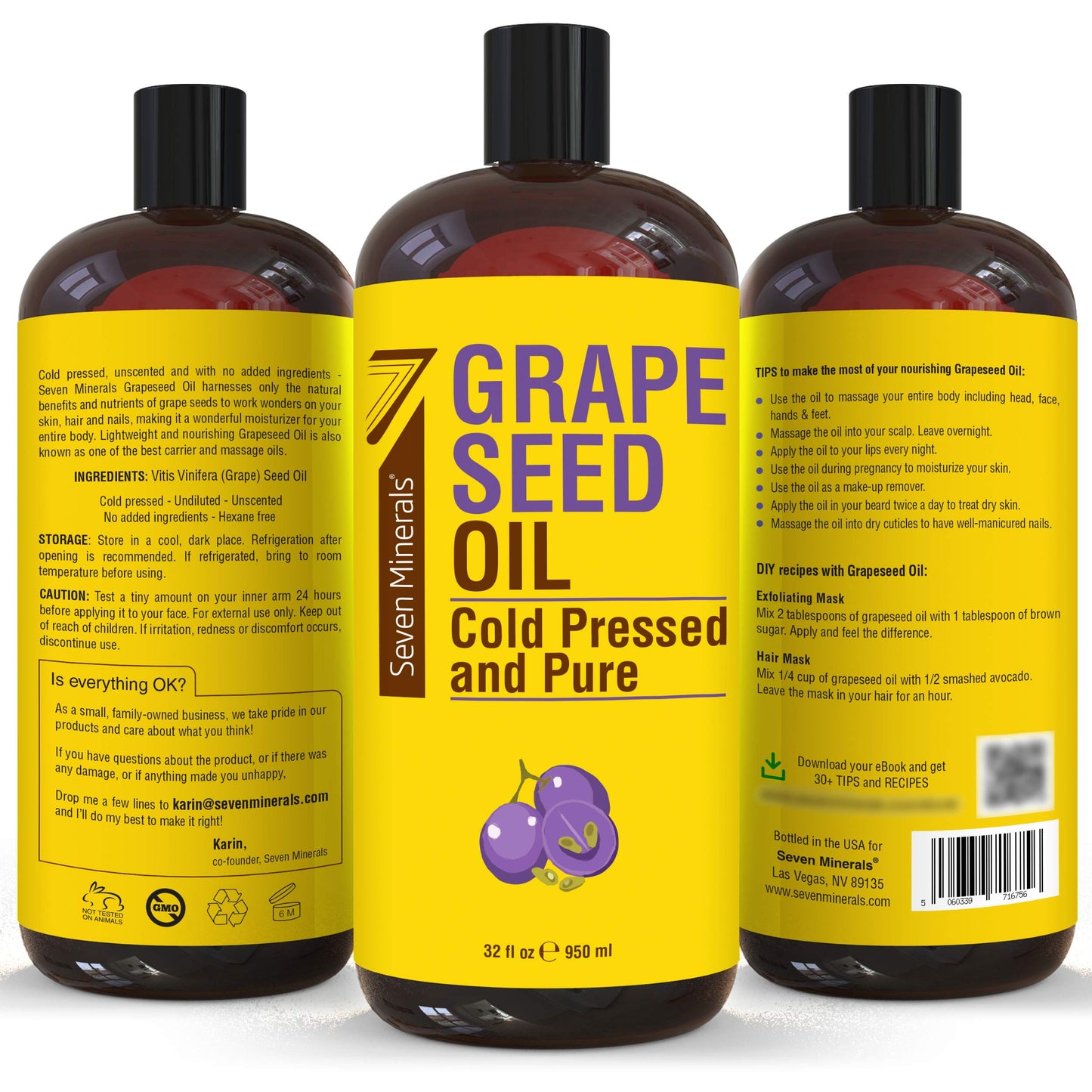 Seven Minerals Grapeseed Oil – 32 oz Cold-Pressed, Non-GMO, Hexane-Free