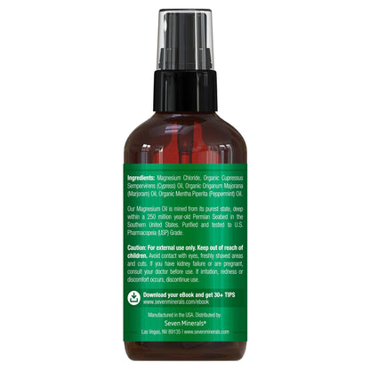 Seven Minerals Magnesium Oil Spray – USA Made with Cypress, Sweet Marjoram & Peppermint (4 oz)