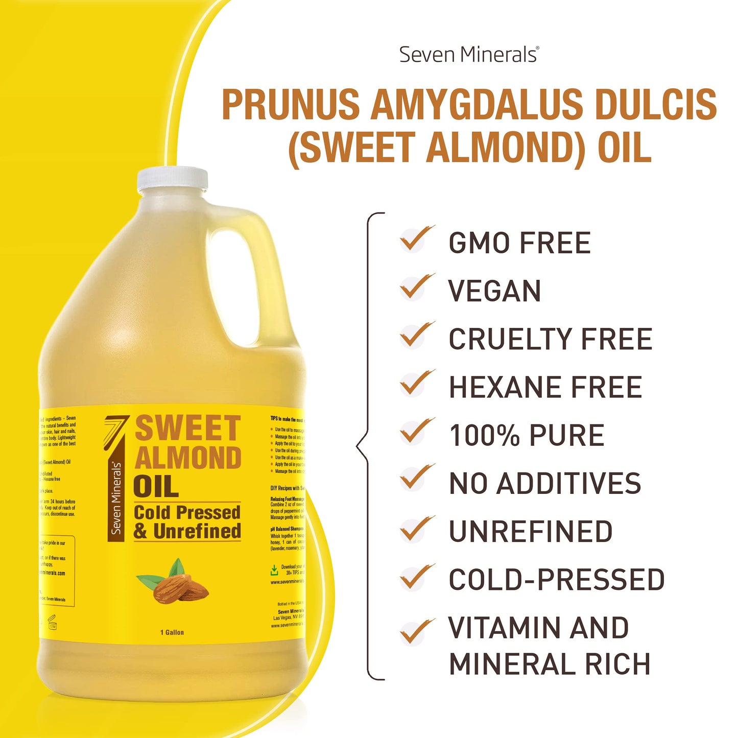 Seven Minerals, Pure Cold Pressed Sweet Almond Oil - 1 Gallon - Unrefined & 100% Natural For Skin & Hair, with No Added Ingredients - Perfect Carrier Oil for Essential Oils