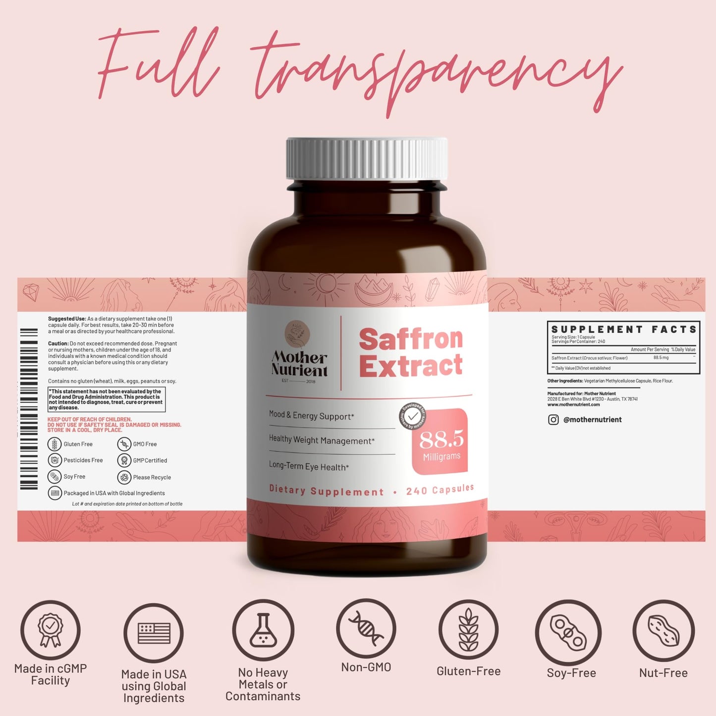 Mother Nutrient Saffron Extract Supplements | 88.5 mg per Serving, 240 Veggie Capsules, 7-Month Supply