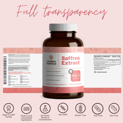 Mother Nutrient Saffron Extract Supplements | 88.5 mg per Serving, 240 Veggie Capsules, 7-Month Supply