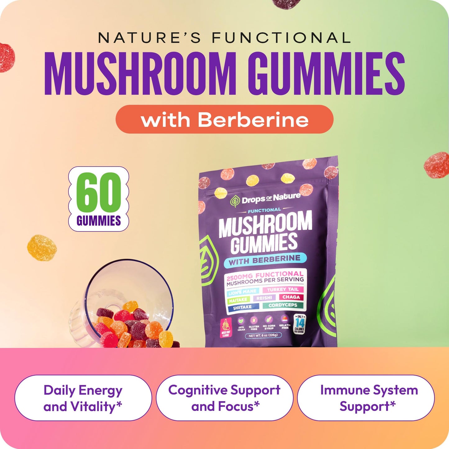 Mushroom Gummies & Berberine - 7-Mushroom Complex (60 Gummies) | Focus & Immunity