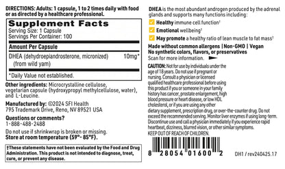 SFI Health Klaire Labs DHEA 10 mg – Micronized Dehydroepiandrosterone (DHEA) – Soy-Free, Hypoallergenic – 100 Capsules