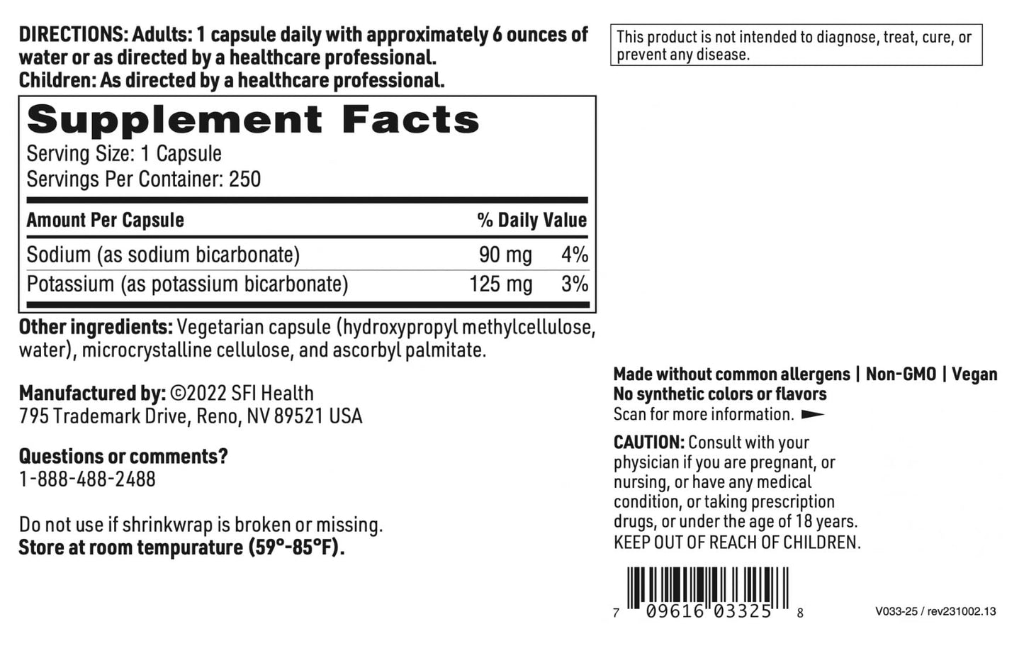 SFI Health Sodium & Potassium Bicarbonate - Bi-Carb Formula (250 Capsules)