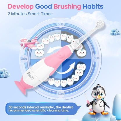 SEAGO SG-513 Pink-C Toddler Electric Toothbrush for 0-3 Years – Smart Timer & 4 Replacement Heads