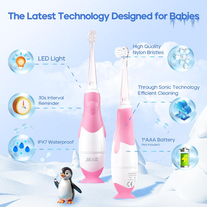 SEAGO SG-513 Pink-C Toddler Electric Toothbrush for 0-3 Years – Smart Timer & 4 Replacement Heads