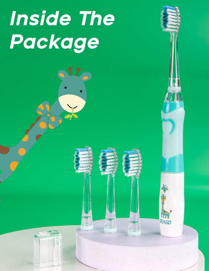 SEAGO SG-977 Kids Electric Toothbrush – 2-Min Timer, Rainbow LED, 4 Replacement Heads, Green