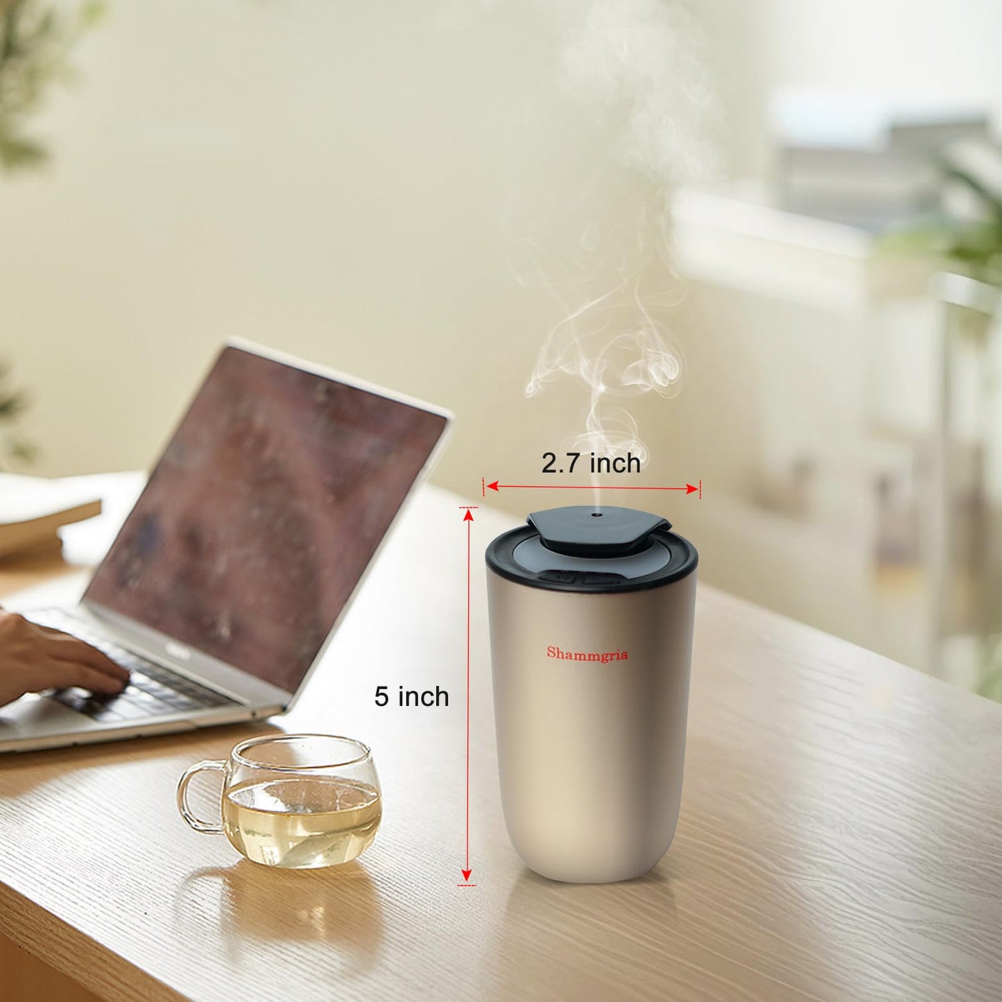 Shammgria Car Air Diffuser | Waterless Nano Mist, 3 Mist Levels, LED Lights – Champagne