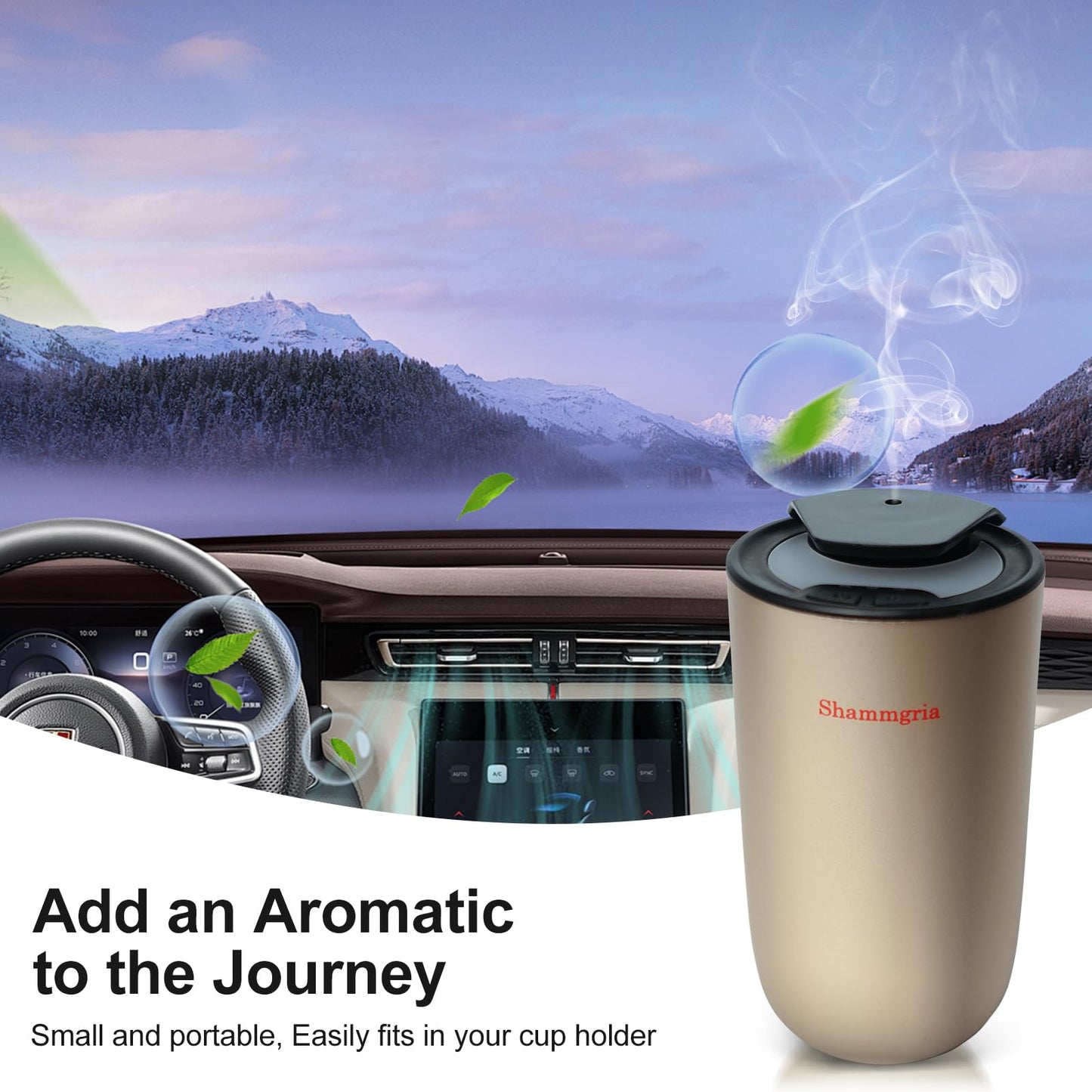 Shammgria Car Air Diffuser | Waterless Nano Mist, 3 Mist Levels, LED Lights – Champagne