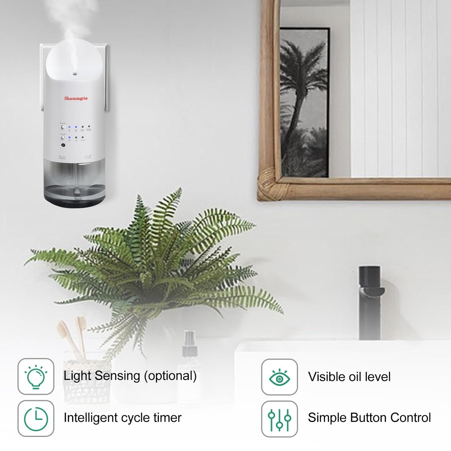 Shammgria 2025 Plug-in Waterless Diffuser — Wall Mount, 500 Sq Ft, 160ml, White