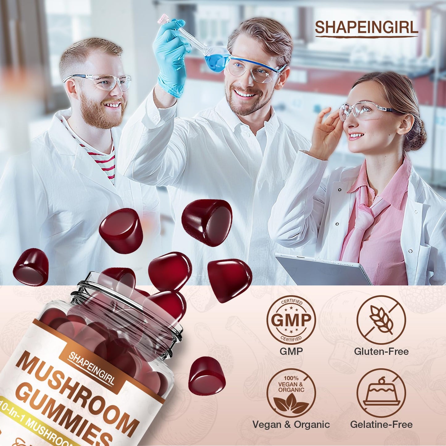 SHAPEINGIRL Mushroom Gummies - 10-in-1 Immune Support & Cognitive Boost