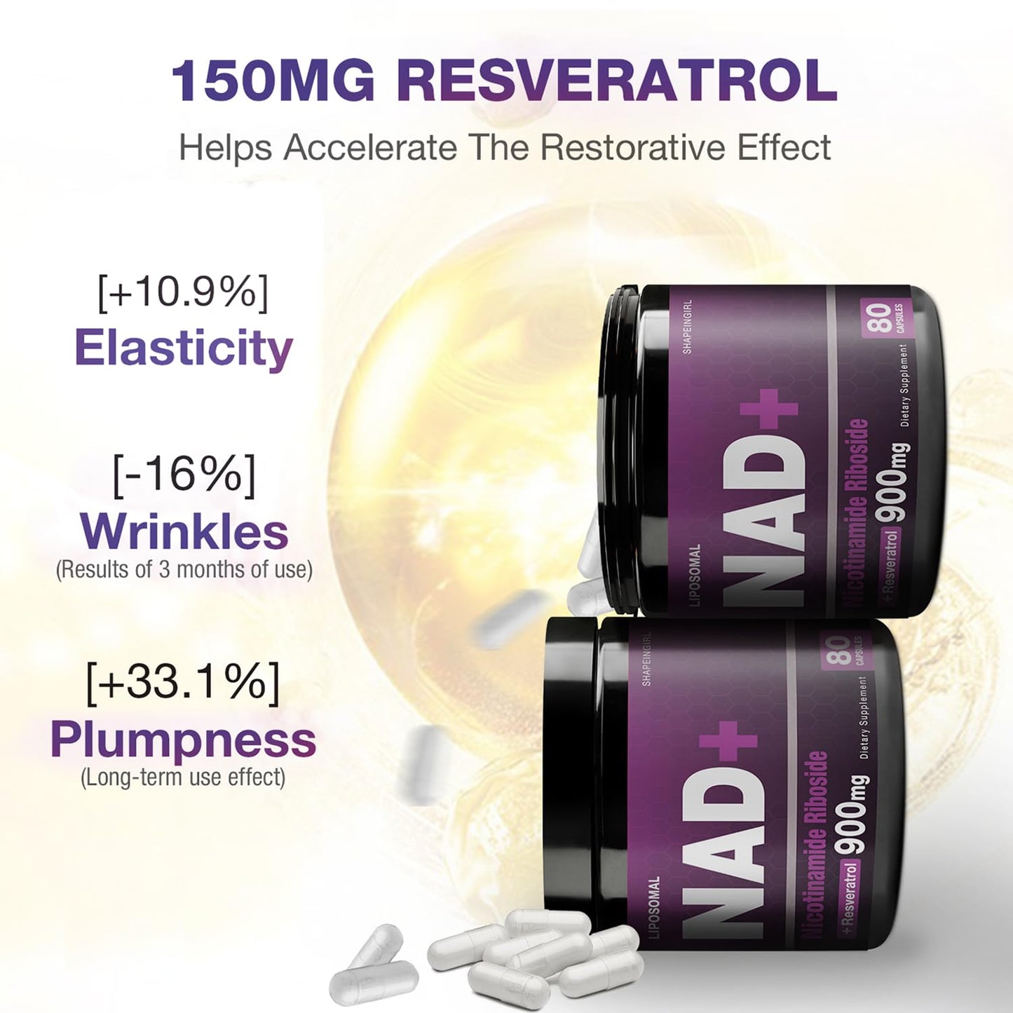 SHAPEINGIRL NAD+ Supplement | NR + Resveratrol | Liposomal NAD+ 900mg | 160 Capsules
