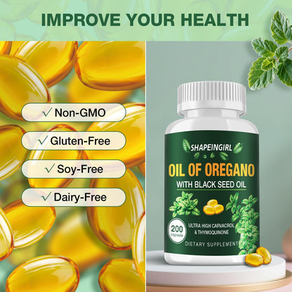 SHAPEINGIRL Oil of Oregano with Black Seed Oil – Organic Oregano Oil Supplement, 400 Softgels, High Potency Carvacrol & Thymoquinone, Non-GMO, Immune Support, Digestive & Respiratory Health