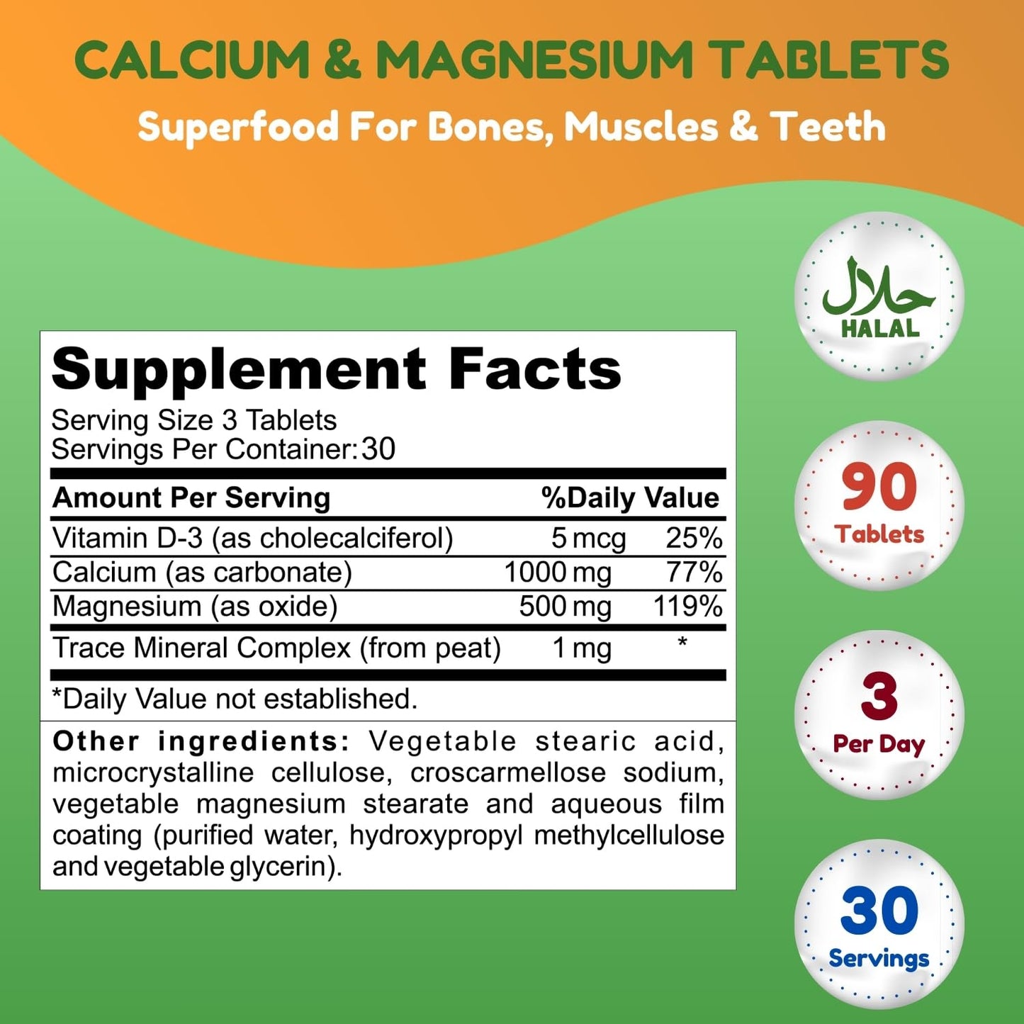 SHIFAA NUTRITION Halal Calcium Magnesium with Vitamin D3 - 1000 mg Calcium, 500 mg Magnesium | 30 Servings | Non-GMO