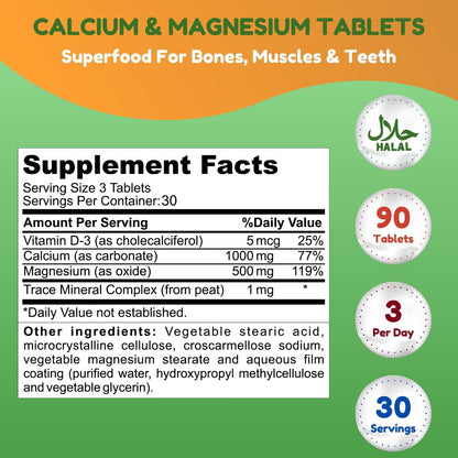 SHIFAA NUTRITION Halal Calcium Magnesium with Vitamin D3 - 1000 mg Calcium, 500 mg Magnesium | 30 Servings | Non-GMO
