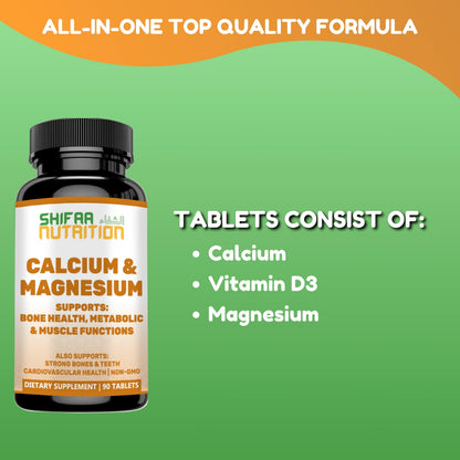 SHIFAA NUTRITION Halal Calcium Magnesium with Vitamin D3 - 1000 mg Calcium, 500 mg Magnesium | 30 Servings | Non-GMO