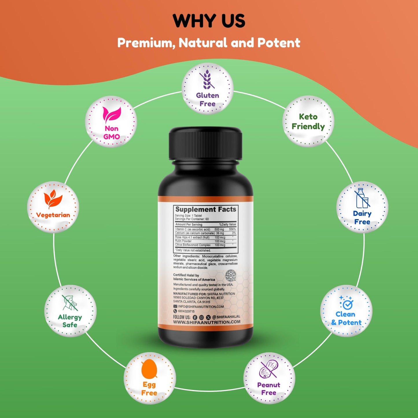 SHIFAA NUTRITION Vitamin C-500 Tablets – Halal, Vegetarian, Non-GMO, Sugar Free | 60 Servings