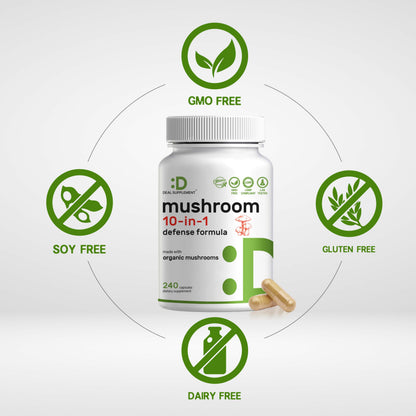 Organic 10-in-1 Mushroom Supplement – 240 Capsules – Immune & Nootropic Support (Non-GMO)
