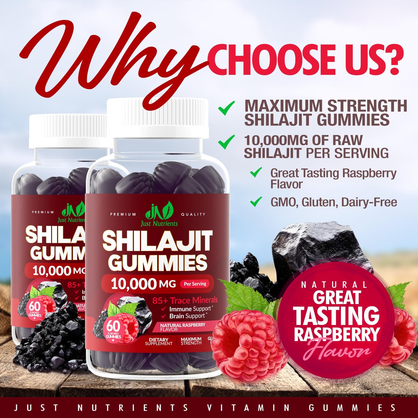 Shilajit Gummies 10,000mg – Maximum Strength Raspberry (Gluten-Free, Non-GMO)