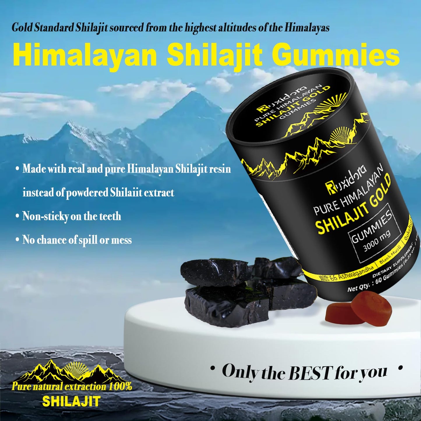 Shilajit Gummies - Pure Shilajit Gummies with Ashwagandha, No Added Sugar, Non-GMO, Natural Organic | 60 Gummies (Individually Wrapped) | Fulvic Acid & 85+ Trace Minerals for Men