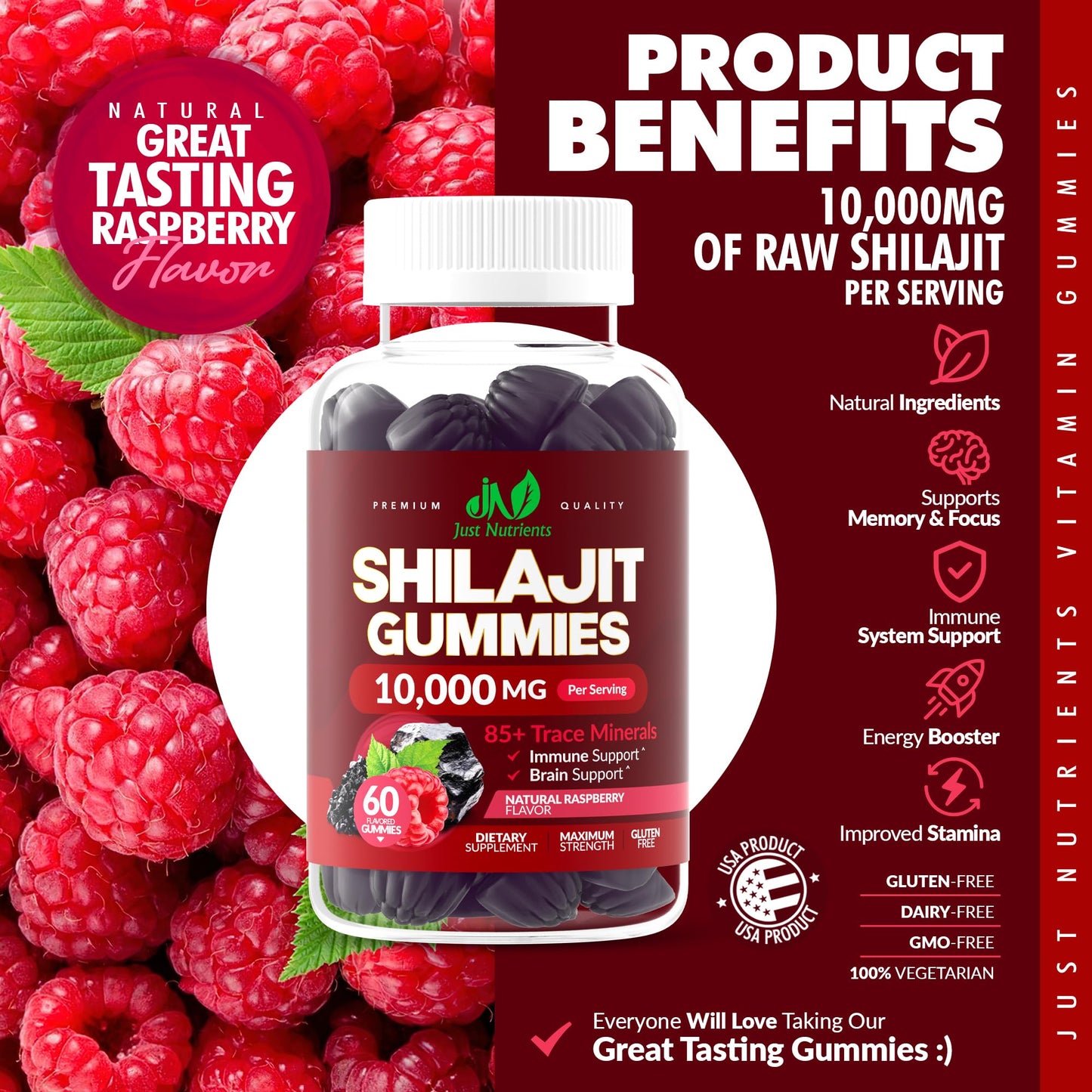 Shilajit Gummies 10,000mg – Maximum Strength Raspberry (Gluten-Free, Non-GMO)