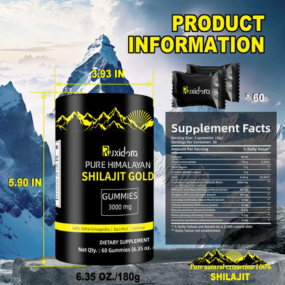 Shilajit Gummies - Pure Shilajit Gummies with Ashwagandha, No Added Sugar, Non-GMO, Natural Organic | 60 Gummies (Individually Wrapped) | Fulvic Acid & 85+ Trace Minerals for Men