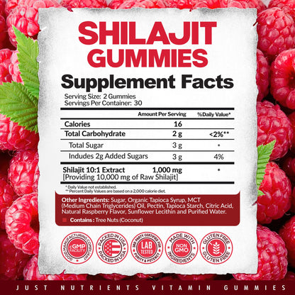 Shilajit Gummies 10,000mg – Maximum Strength Raspberry (Gluten-Free, Non-GMO)