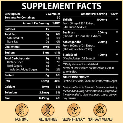 1500MG Shilajit Gummies – 4-in-1 with Ashwagandha, Sea Moss, Black Seed | 120 Gummies