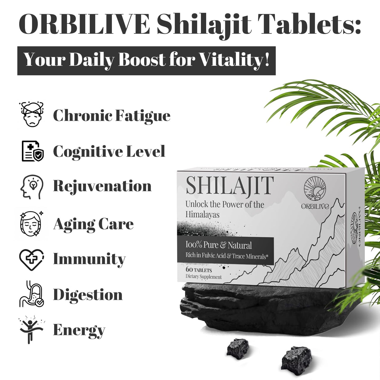 30,000 MG Shilajit Tablets – Pure Himalayan Shilajit, 85+ Minerals, Immune & Energy Support, 120 Count