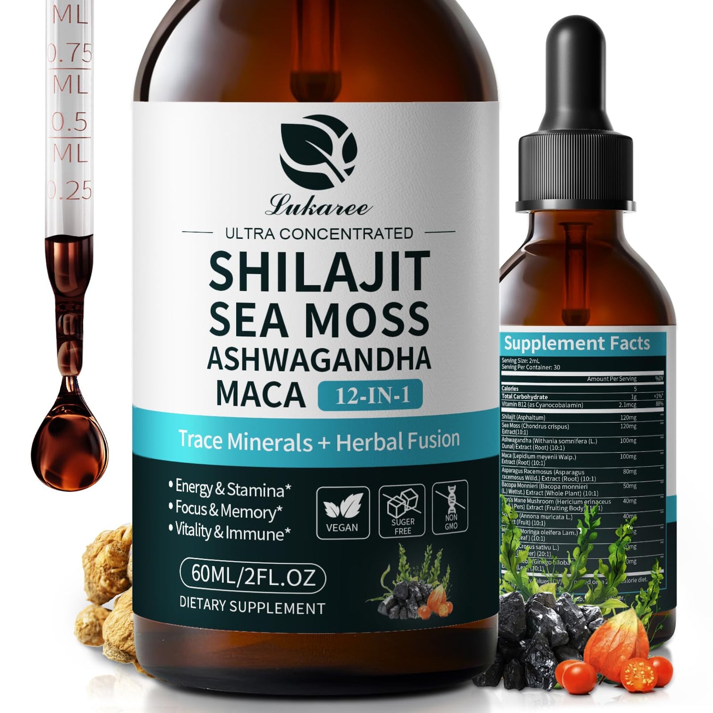 Shilajit Liquid Drops 12-in-1 Complex — Energy, Immune Support, Sea Moss & Minerals (60 ml)