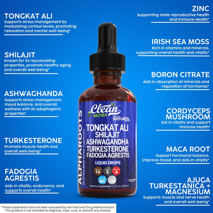 Tongkat Ali Liquid Drops with Shilajit, Ashwagandha, Turkesterone, Fadogia Agrestis, Magnesium, Irish Sea Moss and Zinc | Clean Nutra