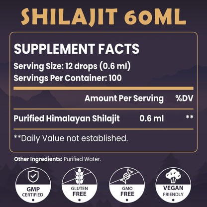 Shilajit Resin Organic Liquid – 60 ml, 85+ Minerals, Vegan