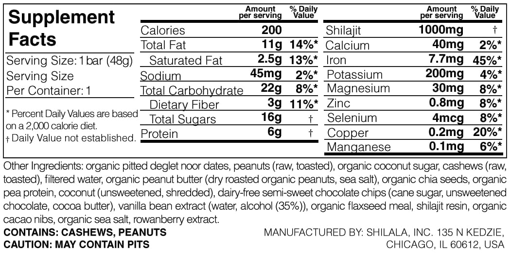 Shilala Organic Shilajit Energy Bar – 1000mg Shilajit, Gluten-Free, Vegan, Non-GMO | High Fulvic Acid | 7 Pack | NEW & IMPROVED FLAVOR