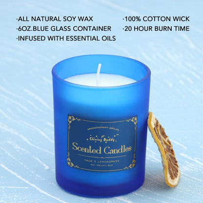 Shining Buddy Sage & Lemongrass Scented Soy Candles – 6oz Home Spa & Relaxation