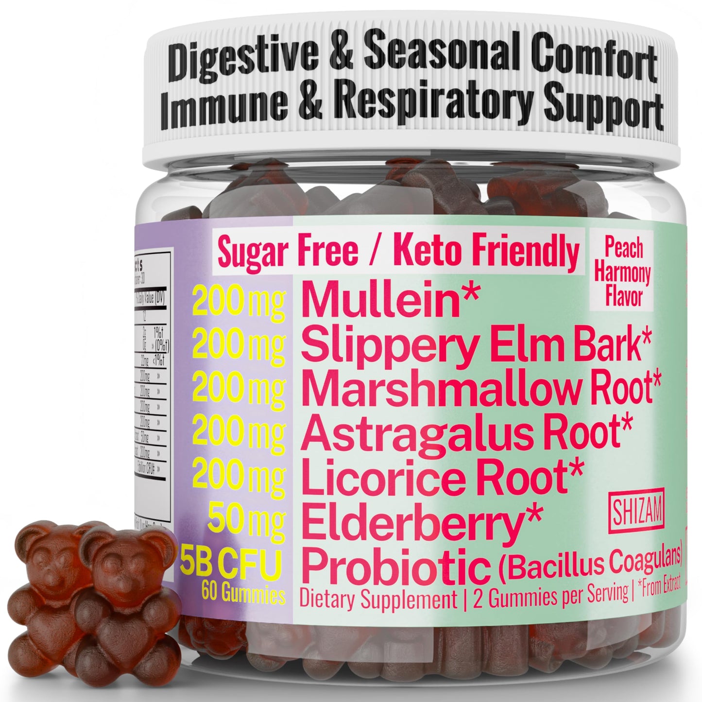 SHIZAM Gummies: Slippery Elm, Mullein, Elderberry & Probiotic – Sugar-Free, Keto, Vegan