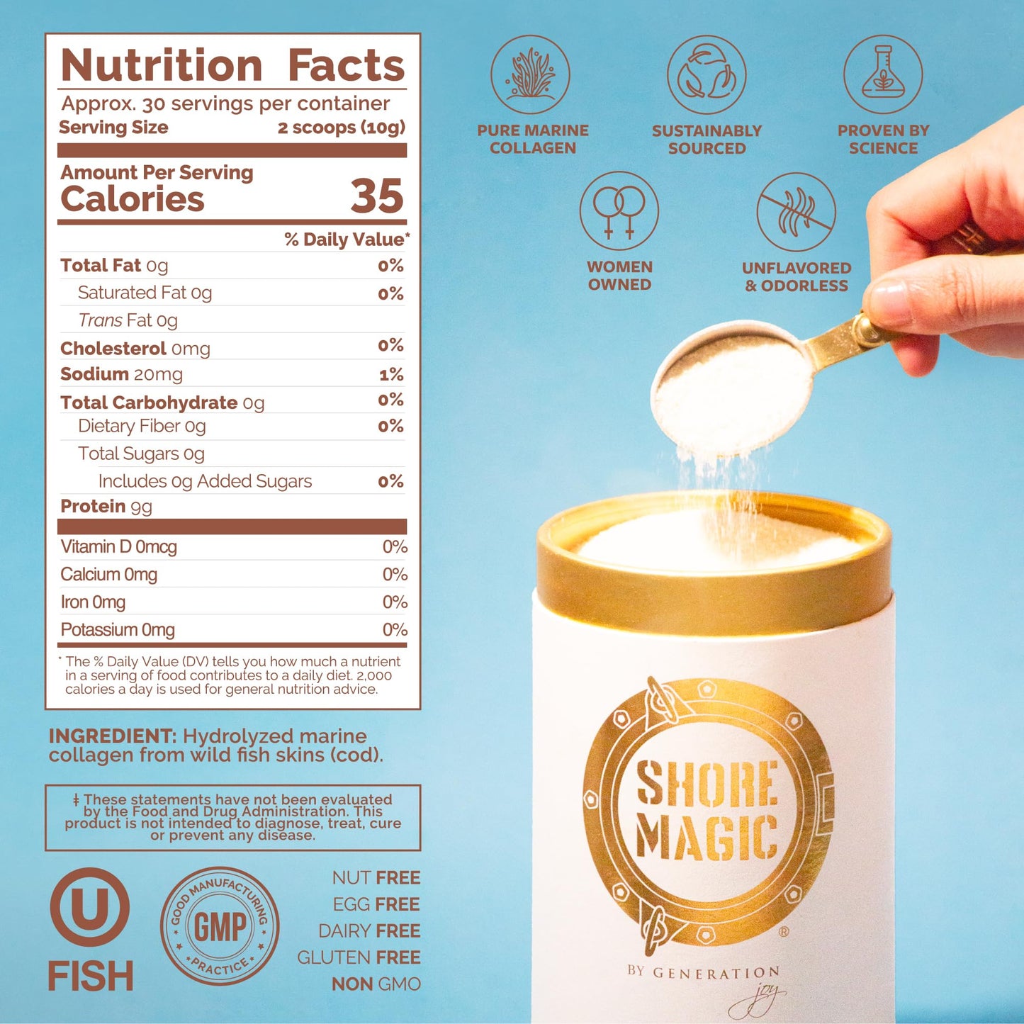 Shore Magic Marine Collagen Powder – Types I-IV, Unflavored, 9g Protein