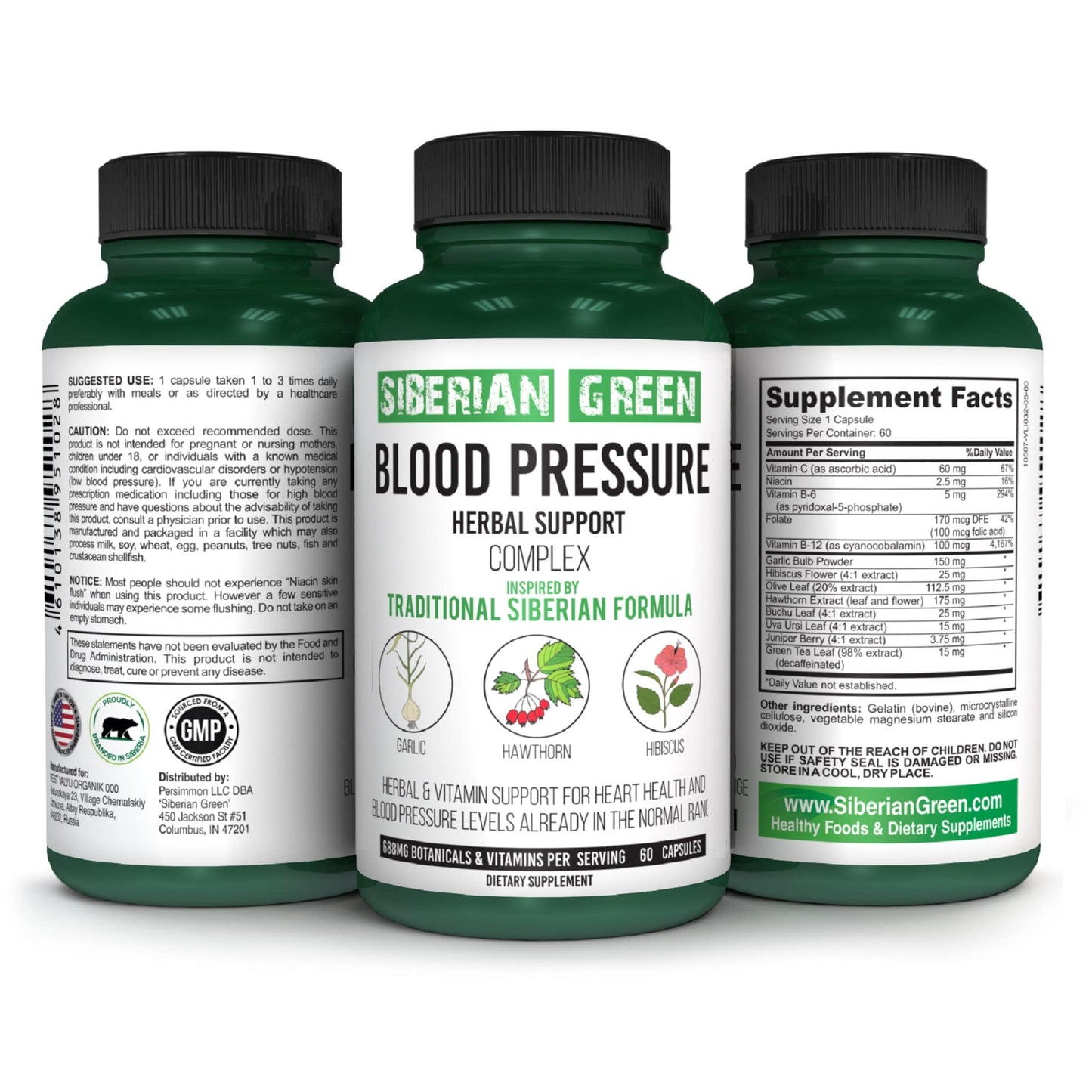 Traditional Siberian Herbal - Siberian Green Blood Cardio Pressure Support (60 Capsules) | Garlic, Hawthorn, Hibiscus