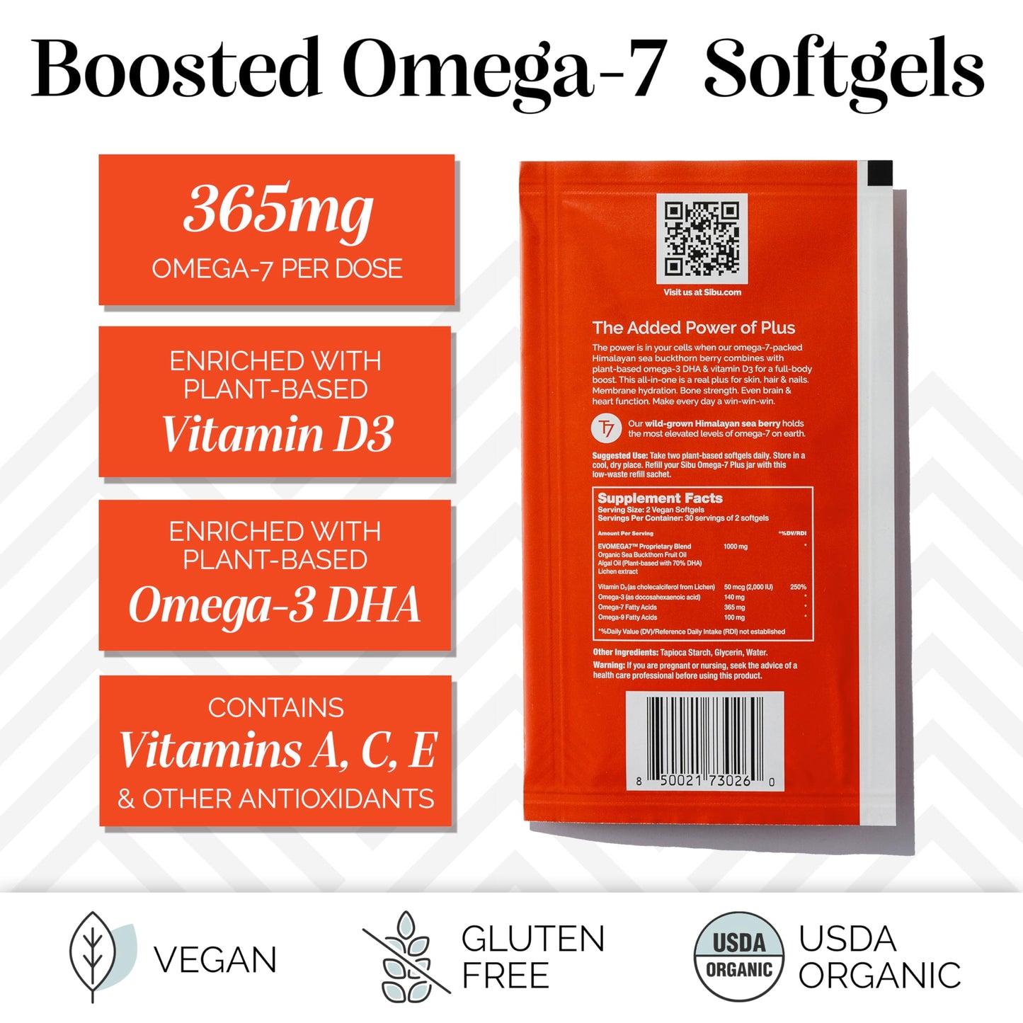 Sibu Sea Buckthorn Omega-7 Plus Softgels – 365mg Omega-7 + Vitamin D3 & Omega-3 DHA (30 Day Refill Sachet)
