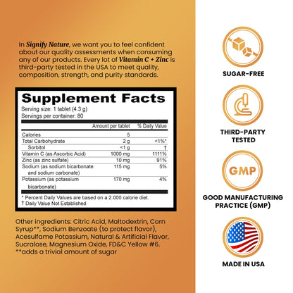 SIGNIFY NATURE Vitamin C 1000mg + Zinc - Effervescent Tablets (80CT) Sugar-Free & Vegan
