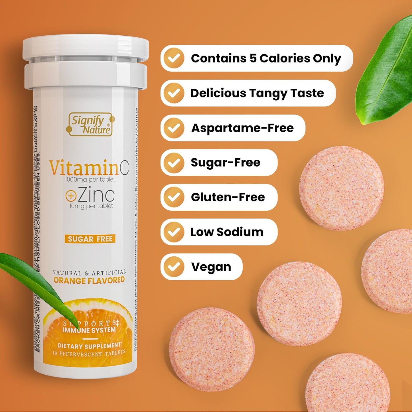 SIGNIFY NATURE Vitamin C 1000mg + Zinc - Effervescent Tablets (80CT) Sugar-Free & Vegan