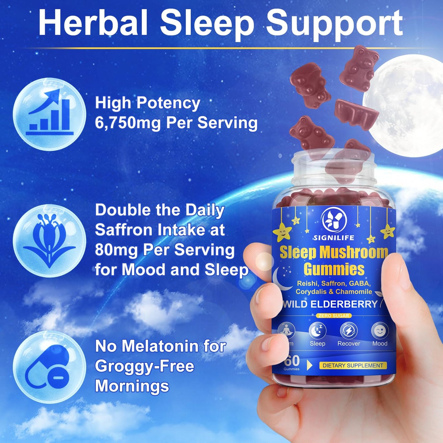 SIGNILIFE Sleep Mushroom Gummies with Reishi & Lions Mane – Natural Sleep Aid, Elderberry Flavor, Non-GMO, No Sugar, 60 Count