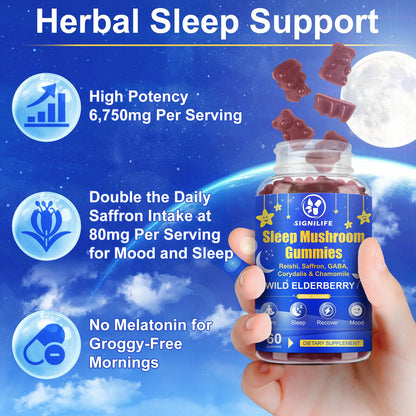 SIGNILIFE Sleep Mushroom Gummies with Reishi & Lions Mane – Natural Sleep Aid, Elderberry Flavor, Non-GMO, No Sugar, 60 Count