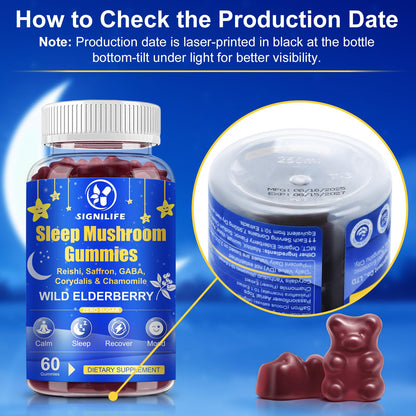 SIGNILIFE Sleep Mushroom Gummies with Reishi & Lions Mane – Natural Sleep Aid, Elderberry Flavor, Non-GMO, No Sugar, 60 Count