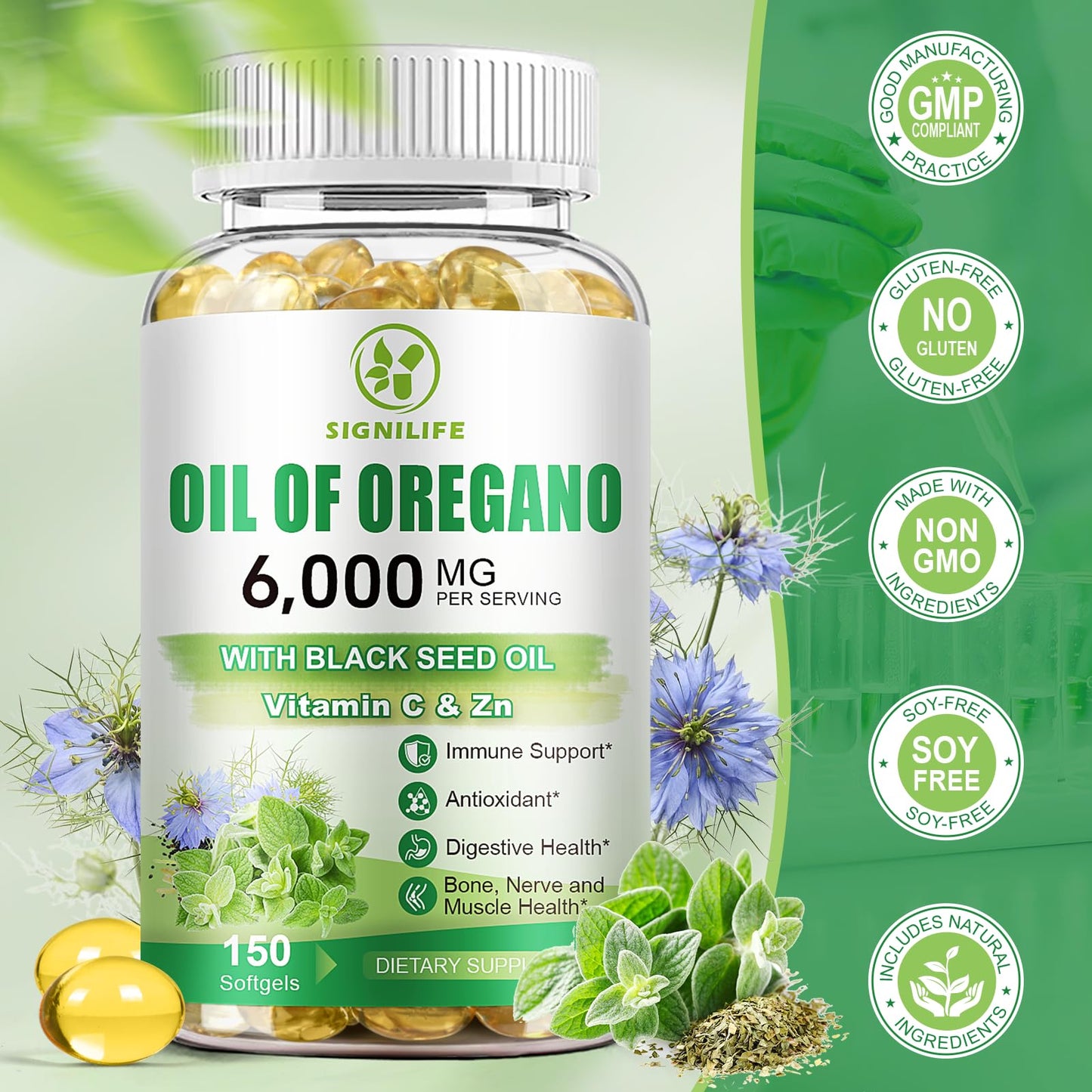 SIGNILIFE Oil of Oregano with Black Seed Oil - 6000mg, 150 Softgels for Immune Support